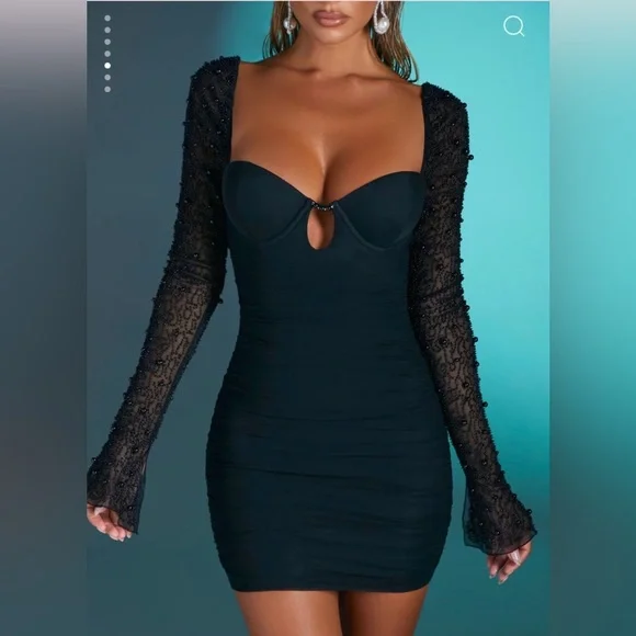 Embellished Long Sleeve Mini Dress in Black Size: 6 x Regular Cup Embellished Long Sleeve Mini Dress in Black Size: 6 x Regular Cup